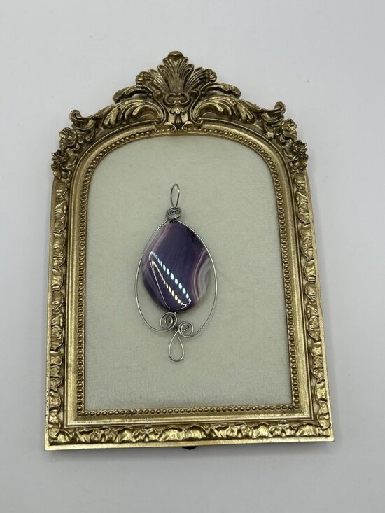 Unbranded Jewelry - Purple Agate Pendant Handmade Wire Wrapped Teardrop Stone Jewelry Silver Tone